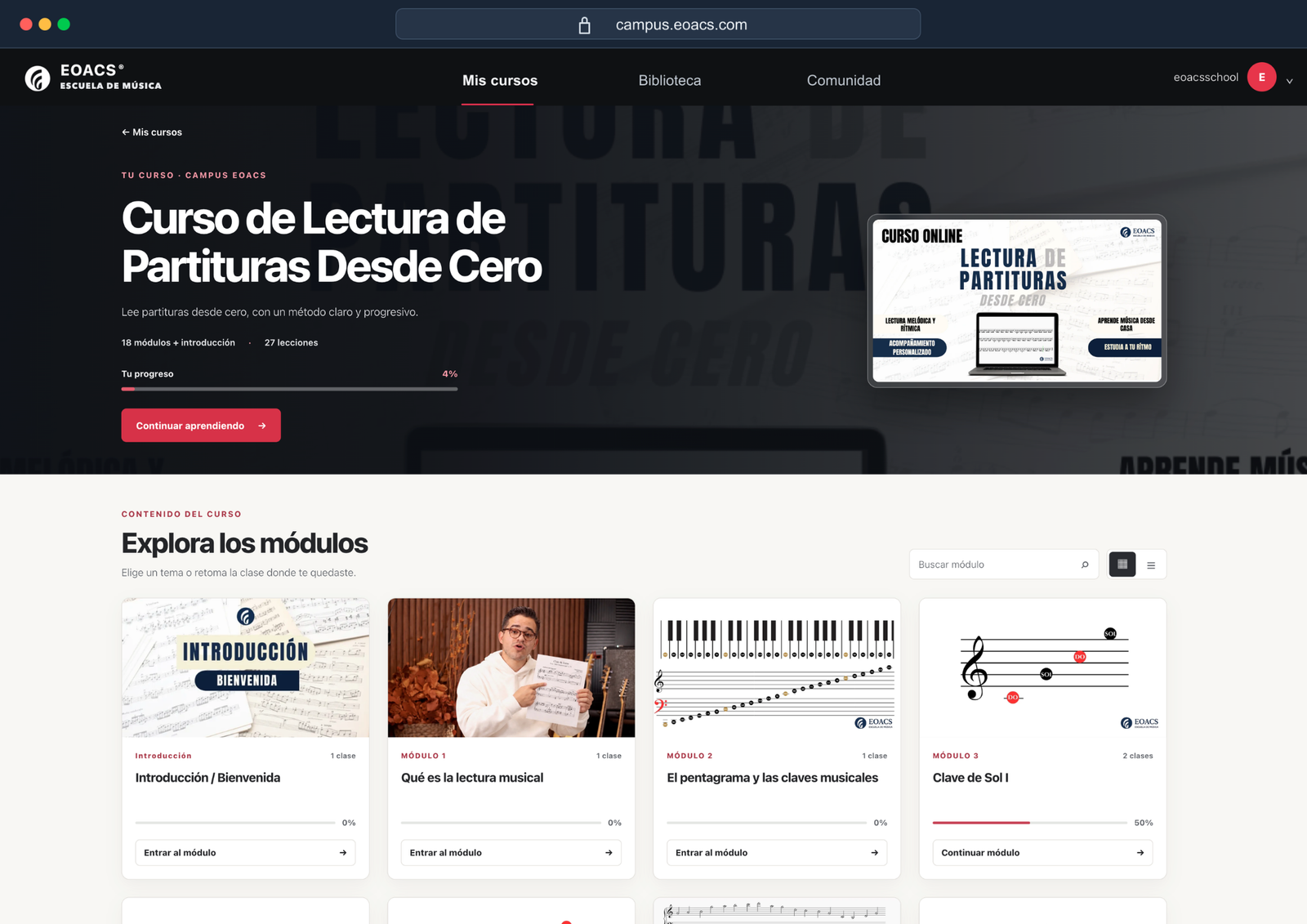 Vista real de los módulos del curso en Campus EOACS