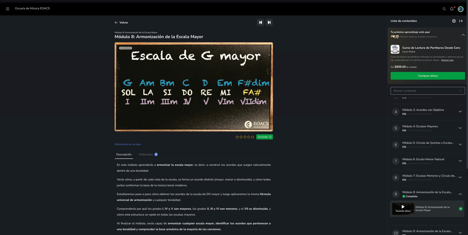 Clase del curso dentro de la plataforma